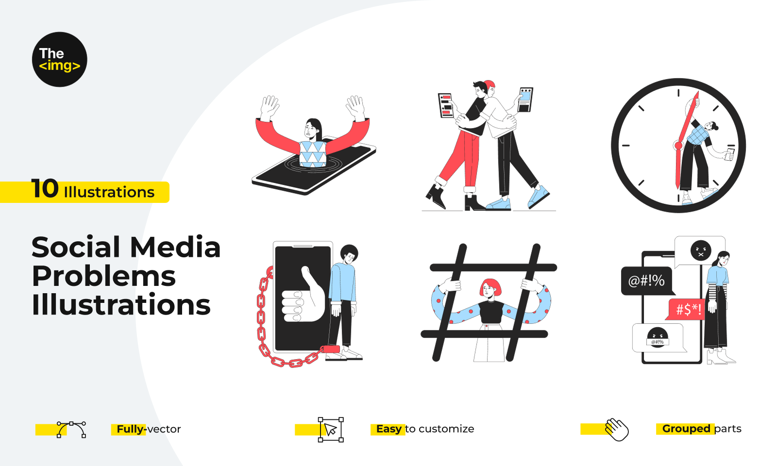 Modern social media issues line concept vector spot characters illustrations pack